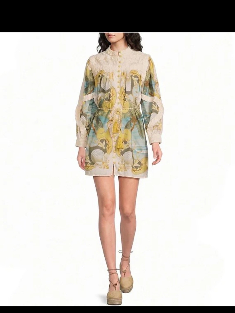Sheer Printed Long-Sleeve Mini Dress in Beige and Yellow